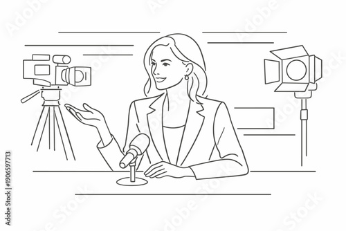 Minimal line illustration of a female news presenter speaking at a studio desk with microphone, video camera on tripod, and spotlight lighting setup