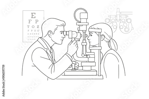 Optometrist performing a slit-lamp eye examination on a patient in a clinic, with vision chart and diagnostic equipment for ocular health assessment