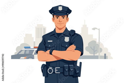 Confident uniformed police officer standing with arms crossed beside patrol car in city background, professional law enforcement illustration