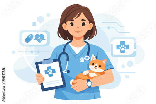 Friendly veterinarian in blue scrubs holding a clipboard and cuddling a ginger cat, illustrated concept of modern veterinary care and diagnostics