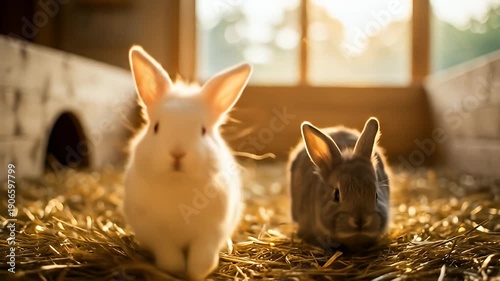 Two Adorable Rabbits in a Cozy Wooden Hutch.