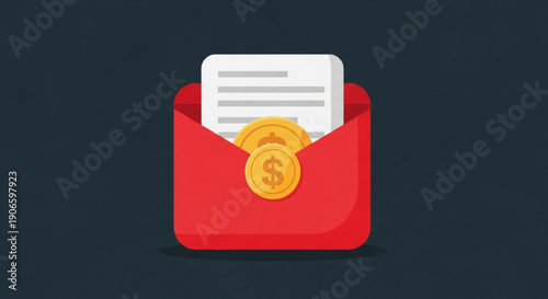 Red envelope with money and letter symbolizing financial payment or income concept