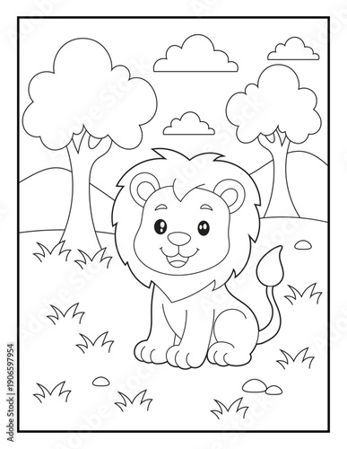 Cute Baby Lion Coloring Page for Kids. Happy Cartoon Cub in the Savanna with Trees and Clouds. Black and white wild animal for children
