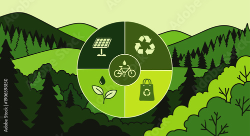 Eco-friendly lifestyle and environmental sustainability concept with infographic icons for solar energy, recycling, water conservation, and green transport in a lush landscape.