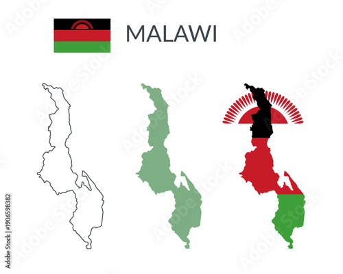 Malawi geographical borders isolated on white background. Flag of Malawi. Vector flat cliparts.