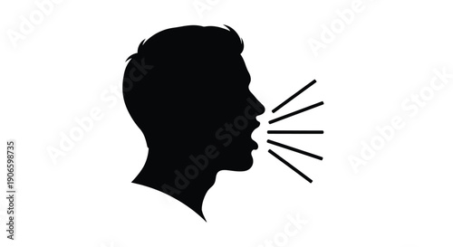 A black silhouette of a man s head in profile speaking or shouting