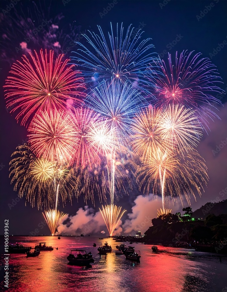 Fototapeta premium Colorful New Year celebration with a vibrant fireworks display exploding over the city river, creating glowing reflections on the water under the night sky during a festive holiday event