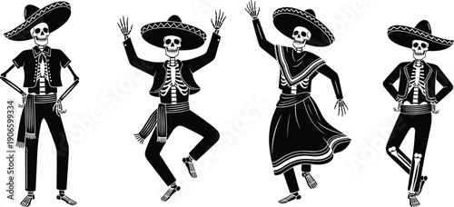 Mexican Day of the Dead skeleton dancers set, festive calavera characters in traditional mariachi costumes, sombrero wearing skeletal silhouettes for Dia de los Muertos