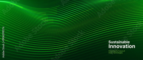 Green Tech Innovation Energy Abstract Background with Flowing Dots Futuristic Grid. Sustainable Technology Eco Clean Energy Concept. Vector Illustration.