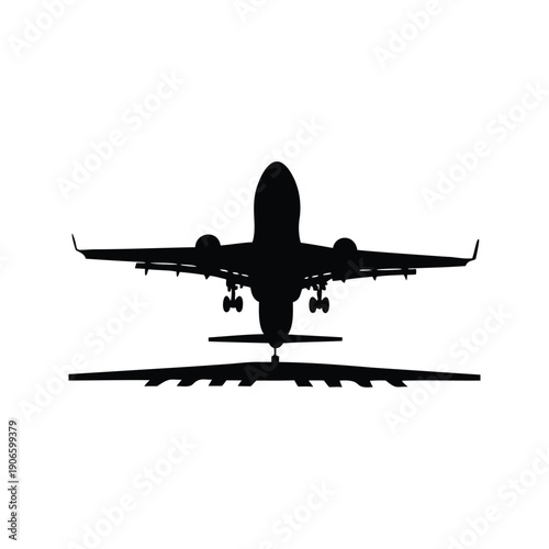 plane landing silhouette vector illustration, A sleek commercial airplane landing with extended landing gears in a minimalist silhouette vector illustration design