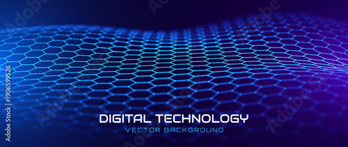 Blue Hexagon 3D Grid. Molecular Network of Hexagons Connected. Chemical Network. Carbon Nanomaterials Nanotechnology Shield Concept. Vector Illustration.