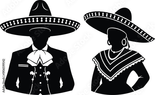 Mexican mariachi and woman in traditional dress silhouette set, festive couple icons with sombreros and cultural clothing for celebration design projects