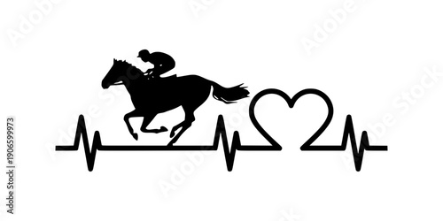 Horse racing silhouette. Heartbeat ECG line and heart icon symbol design. Minimalist sport concept. Isolated on white background.