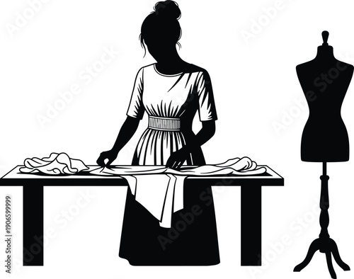 Professional female fashion designer working with fabric on cutting table in atelier, creative seamstress tailoring clothes near dressmaker mannequin silhouette