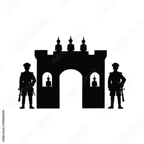 soldiers guarding castle gate silhouette vector illustration, Historical military guards standing beside grand fortress gate silhouette vector illustration