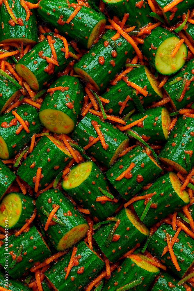 Fototapeta premium Korean Cucumber Kimchi Oi Kimchi Background Seamless Pattern