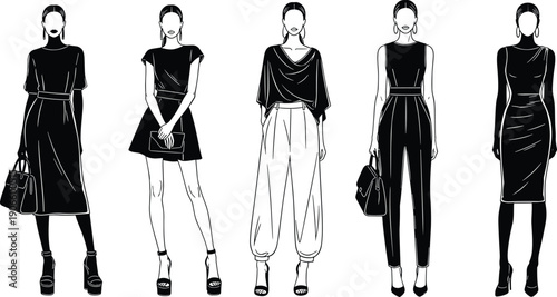 Set of modern female fashion models in stylish black and white outfits, minimalist sketches of elegant women wearing trendy apparel and accessories