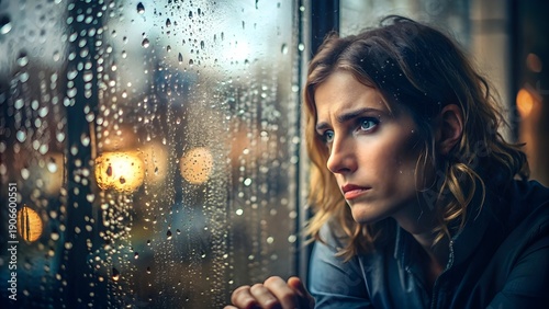 A person sitting by a rainy window, soft natural light, emotional mood, reflective expression, cinematic tones, shallow focus, realistic portrait photography