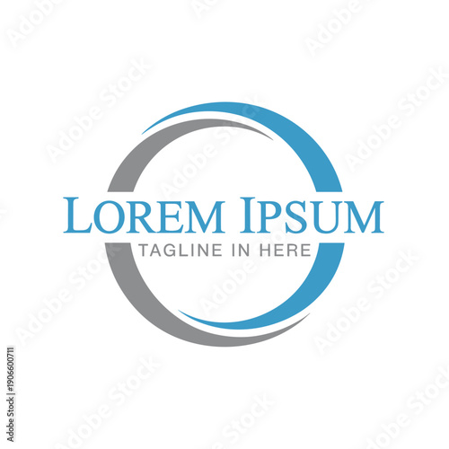 Blue and gray circular swoosh logo template with lorem ipsum text