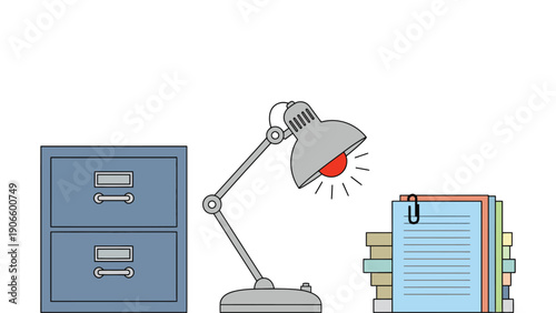 A desk with a filing cabinet, lamp, and stack of papers.