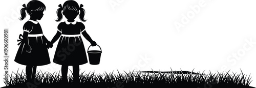 Two Little Girls Silhouette Standing On Grass Field Holding Hands And Carrying Bucket Spring Outdoor Meadow Scene Vector Illustration Isolated On White Background