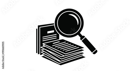 A black and white illustration of papers with a magnifying glass