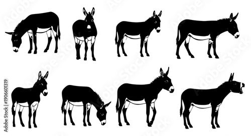 Minimal donkey silhouette icons in multiple poses farm livestock vector for branding and agriculture design