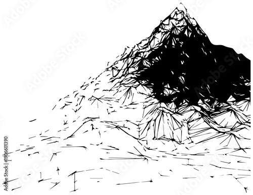 Low poly faceted architectural mountain landscape in black and white with geometric terrain