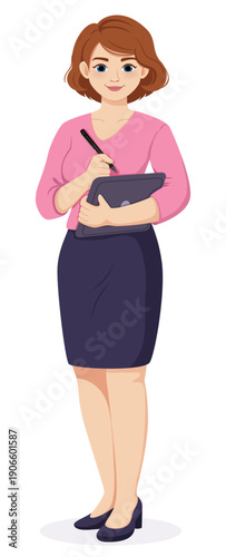 Creative female graphic designer or digital artist with auburn hair holding stylus pen and tablet - Full Body Flat Vector illustration