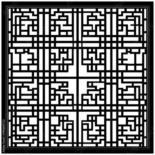 Intricate chinese lattice pattern design on wooden joinery with geometric shapes and black lines on white background