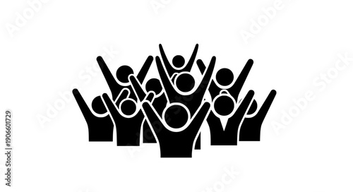 Cheering crowd teamwork success black and white flat vector icon