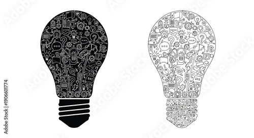 Two lightbulbs composed of intricate patterns one dark and one light