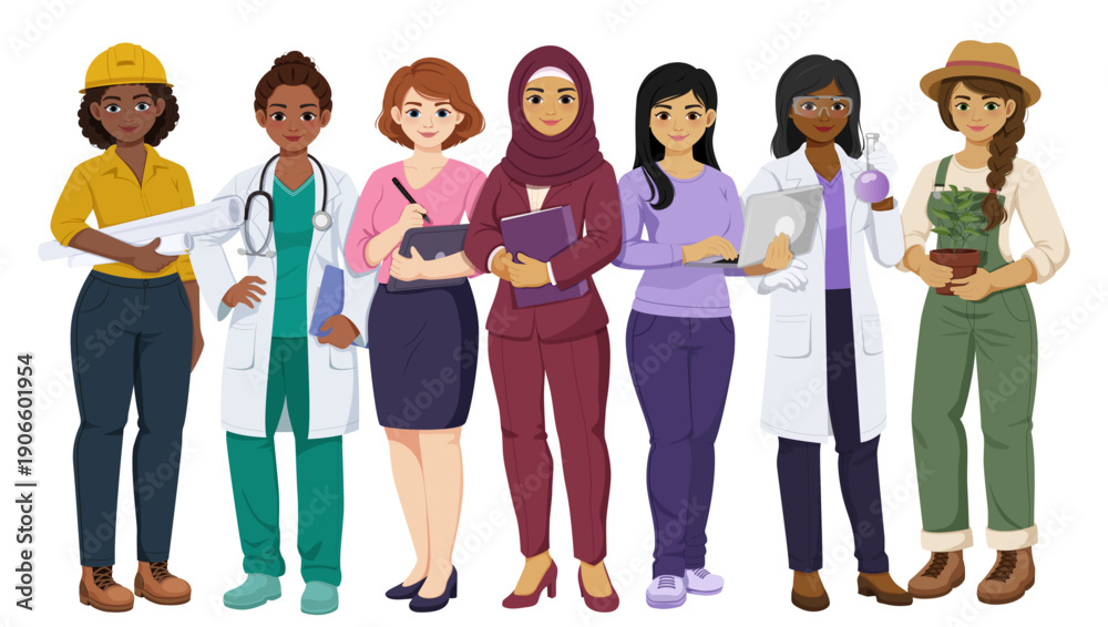 Obraz premium Diverse professional women of different ethnicities and careers standing together for female empowerment and workplace inclusion concept