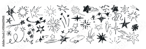 Hand drawn black crayon stars on white background. Vector illustration of doodle holiday fireworks, sparks, starburst, childish pattern chalk design elements. Sketch sparkle icons, shooting comets