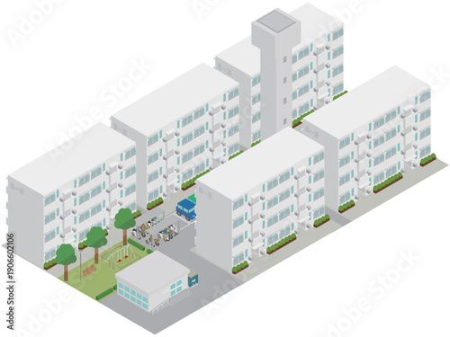 給水塔と集会所のある昭和レトロな団地住宅街のアイソメトリックイラスト