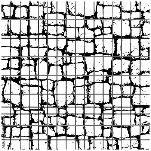 Seamless gabion wall texture with stones inside wire cage black and white grid pattern background