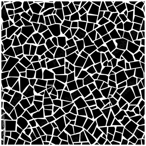 Seamless mosaic pattern with broken black tiles and white grout lines on a solid background