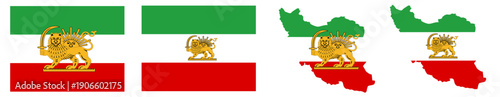Tricolour flag of Iran 1886 with country map silhouettes in green, white and red, historical Persian national symbol representing Iran’s identity, culture, heritage and nationhood