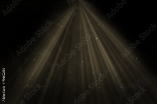 Konstfotografi Cinematic golden sun rays overlay with dust motes and smoke on black background