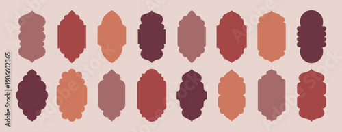 Old mosque window shapes in oriental arabic style. Islamic arch doors and frames, arabian geometric silhouettes. Set of muslim architecture elements, moroccan minimal gate. Ramadan kareem label design