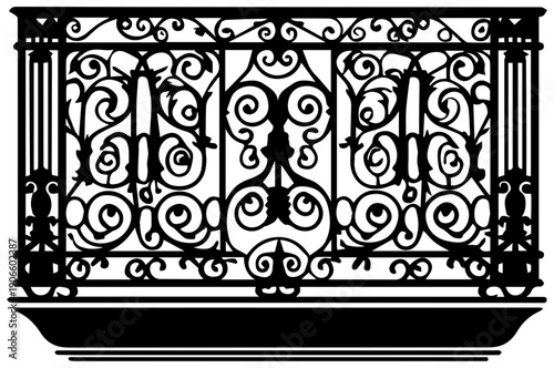 Ornate wrought iron balcony railing with scrollwork design on white background