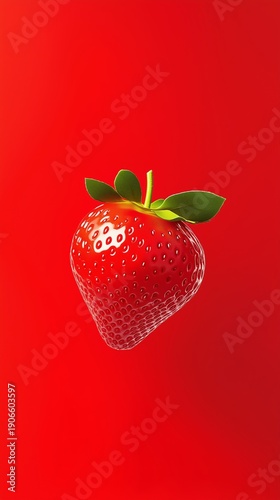 Single fresh red strawberry floating on red background. Minimalist monochromatic fruit food concept. Healthy snack