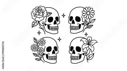 Skull icon with floral design in a black line art illustration style