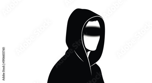 Silhouette of a hooded figure with obscured face against a white background