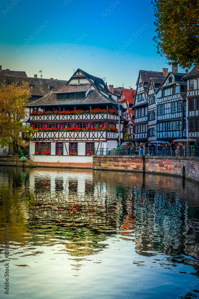 Obraz premium Petit France medieval district of Strasbourg at twilight, Alsace France