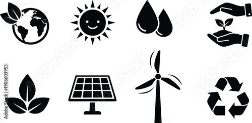 Set of Ecology and Renewable Energy Vector Icons Featuring Solar Panel, Wind Turbine, Recycle Symbol, and Green Planet