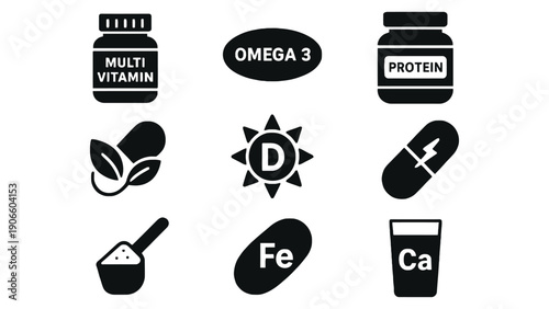 Vitamin icons set including multi vitamin, omega 3 and protein supplement