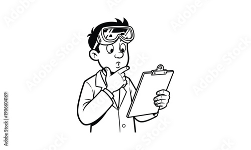 Scientist holding clipboard looking thoughtful in lab coat and goggles