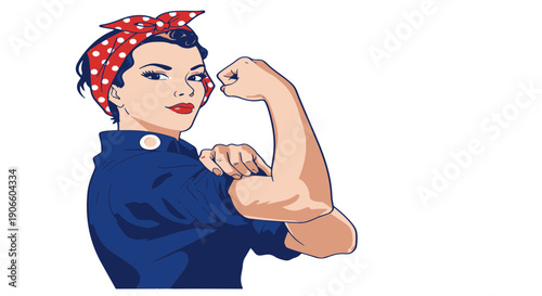 Retro Female Worker with Bandana Flexing Arm for Strength and Empowerment Celebrating Womens Power and Resilience a Symbol of Determination