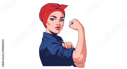 Empowered Woman with Red Bandana Flexing Bicep Inspiring Strength and Female Solidarity Bold Graphic Art Style